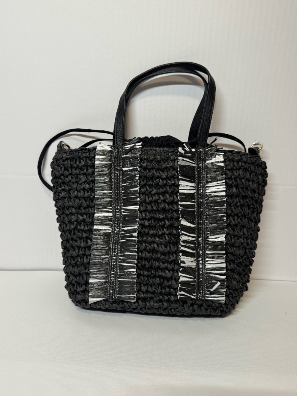 Talbots Black Woven Straw Tote Crossbody Bag Fringe Trim Summer Resort Purse